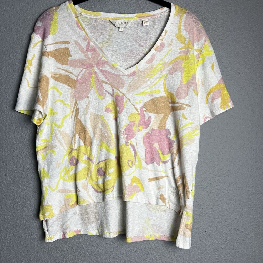 Ted Baker White Floral Printed Linen/Cotton Ciana V Neck Top Size 1 Small Luxury